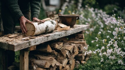 Woodworking scene with rustic logs in a garden setting for outdoor decor and craftsmanship inspiration