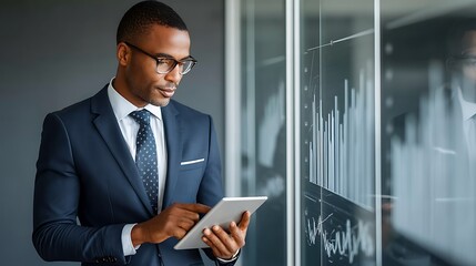 Businessman Analyzing Data on Tablet While Standing by Glass Window with Graphs in Modern Office Environment