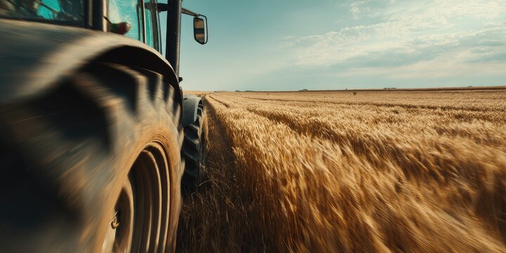 A close-up view of a tractor tire moving through a golden wheat field under a partly cloudy sky