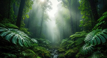 Lush Tropical Rainforest with Sunlight Streaming Through the Canopy creating a Mystical Ambiance