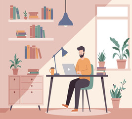 "Cozy Home Office Illustration with Human Working on Laptop, Indoor Plants and Minimalist Decor"