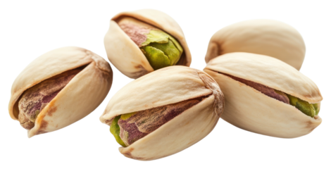 Close up photo of 5 unbleached pistachio nuts vegetable produce plant.