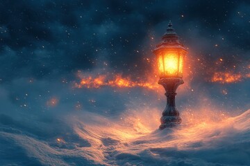 Snow-covered street light with fire spewing out.