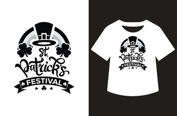 St. Patrick&rsquo;s Day t-shirt mockup with &ldquo;Happy St. Patrick&rsquo;s Day&rdquo; in white script, green shamrocks, and leprechaun hat on dark green background, previewed on a black shirt.