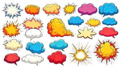 A collection of colorful cartoon speech bubbles and explosion effects,  ideal for comic books or graphic design projects
