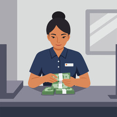 Fototapeta premium Bank teller counts stacks of cash at the counter, wearing uniform
