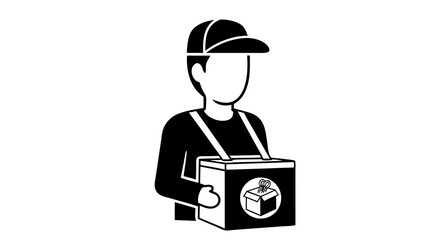 Delivery person glyph icon. A simple black and white vector symbol for a courier, package shipping, and logistics service.