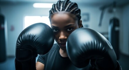 Determined young African woman with boxing gloves in gym ready to fight intense focus on her face empowerment and strength training concept