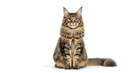 Fototapeta premium Majestic Maine Coon Cat Sitting on White Background with Bright Green Eyes and Fluffy Fur