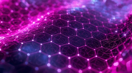 Abstract digital network of glowing pink hexagons forming a wavy surface with a cosmic background.