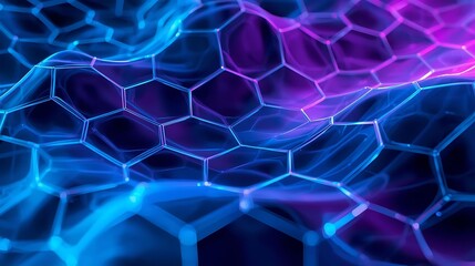 Abstract visualization of a glowing hexagonal molecular structure with undulating waves of blue and purple light.