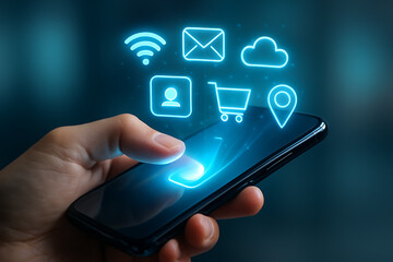 A hand holding a smartphone with glowing icons for wifi, email, cloud, user profile, shopping cart, and location pin, symbolizing mobile digital services and connectivity