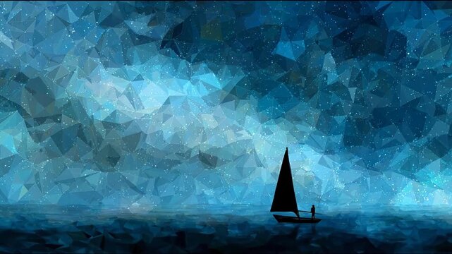 Abstract silhouette of a sailboat on a dark ocean with a starry sky