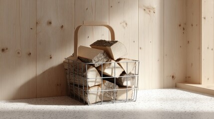 Rustic firewood storage in sunlit wooden basket for cozy cabin decor
