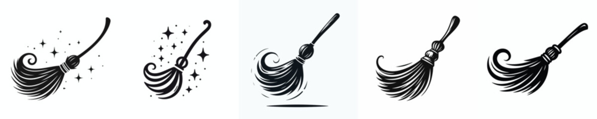 black and white vector cute halloween witch broom