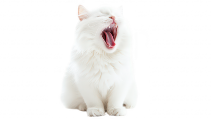 A fluffy white cat yawning widely. its playful demeanor. set against a clean white background. capturing a moment of relaxation and tranquility. perfect for pet-related content