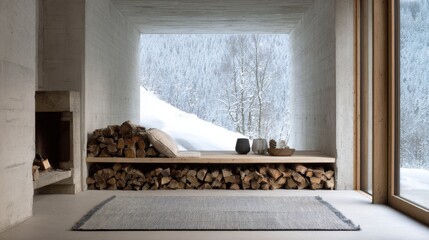 Modern winter retreat with cozy fireplace and snowy mountain view