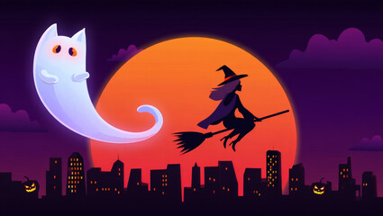 Bruja volando sobre su escoba en la noche de Halloween