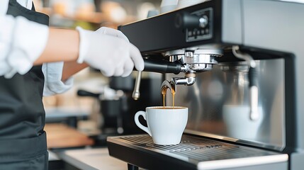 Professional Barista Pulling Espresso Shot with Machine in Modern Cafe Setting