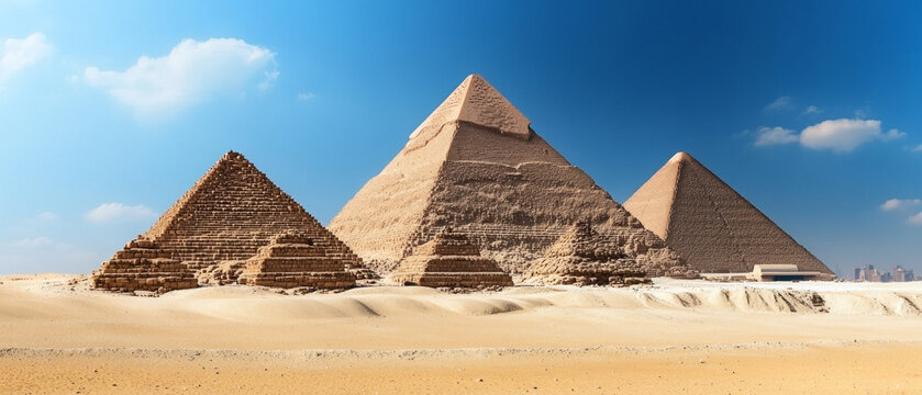 Three Egyptian pyramids against the backdrop of a blue sky and desert.
Suitable for educational materials on history, tourist brochures, travel website design, and cultural events.