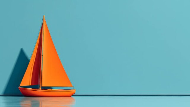 Bright orange sailboat on a reflective surface against a blue background