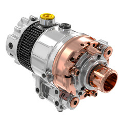 High-tech automotive engine component silver copper details