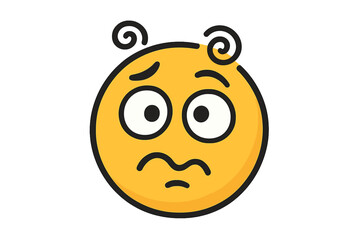 Fototapeta premium Confused disoriented dizzy emoji vector illustration. Woosy yellow smiley face with vertigo. Puzzled sick emoticon character icon for stress, anxiety or headache concept.
