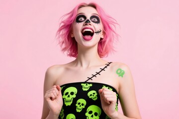 Young woman with vibrant pink hair and spooky Halloween makeup, a concept on joy, celebration, and playful self-expression.