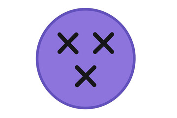 Obraz premium Purple emoticon with x-shaped eyes. Vector smiley emoji icon for dizzy, dead, or unconscious states. Flat design cartoon face representing confusion, pain, mistake or error.