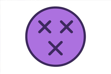 Obraz premium Vector dizzy emoji icon. Dead smiley face with x-shaped eyes. Unconscious, knocked out, or hurt emoticon symbol. Purple round character illustration for error or problem. Silent.