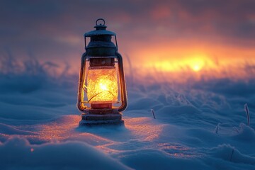 Lantern glowing in snowy sunset.