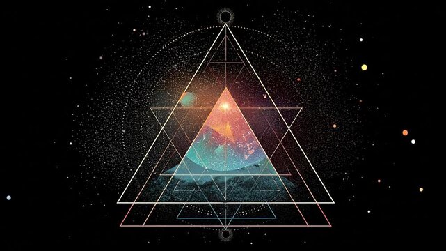 Geometric mountain landscape design with cosmic background and triangle