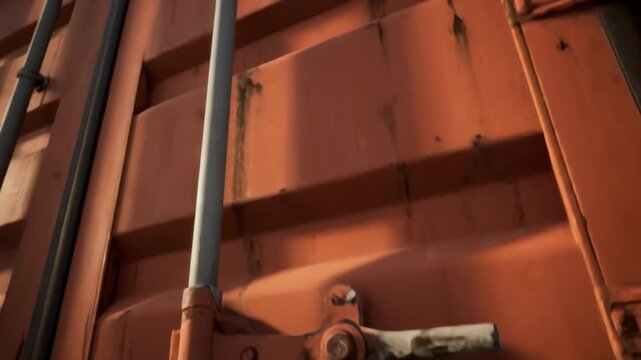 Weathered Rusty Orange Metal Shipping Container Door Locking Mechanism