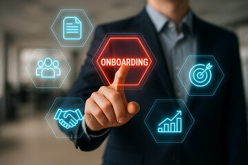 A businessman's hand interacting with a virtual interface highlighting "onboarding" surrounded by hexagonal icons for document, team, handshake, target, and growth chart