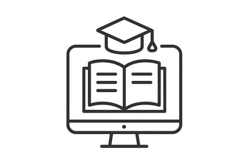Online education thin line icon. E-learning and distance learning concept. Computer with book and academic graduation cap. For online course, webinar, tutorial, workshop.