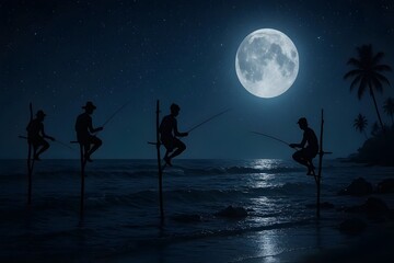 Fototapeta premium Sri Lankan Stilt Fishermen at Night Under Moonlight