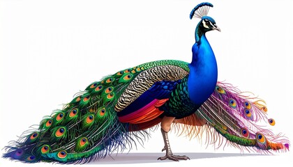 Obraz premium Four peacocks standing in a row, vibrant blue and green plumage. Rightmost peacock displays full tail fan with eye-like patterns. Others have tails down. Natural symmetry and vivid coloration.