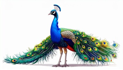 Fototapeta premium Four peacocks standing in a row, vibrant blue and green plumage. Rightmost peacock displays full tail fan with eye-like patterns. Others have tails down. Natural symmetry and vivid coloration.