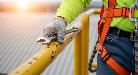 Fototapeta premium Close up of construction worker wearing high visibility safety vest and harness holding wrench ready for industrial maintenance at construction site