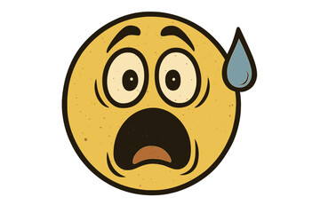 Retro vintage emoticon with surprise, fear and discomfort. Astonished, awkward and shocked smiley face character. Anxious emoji with open mouth, wide eyes and sweat drop.