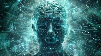 A futuristic image of a head with digital grids and data streams, useful for topics related to technology, artificial intelligence, and scientific innovation.
