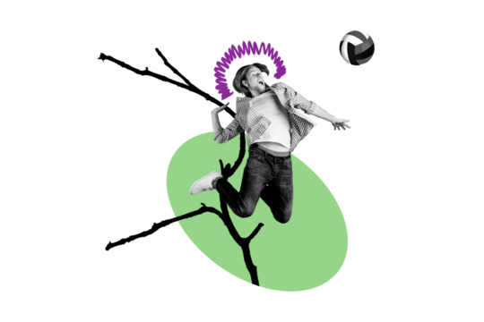 Composite photo collage of crazy sportsman jump kick volleyball ball sport summer lifestyle activity game isolated on painted background - Powered by Adobe