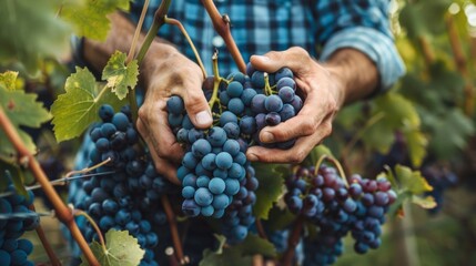 Hands picking ripe grapes in a sunny vineyard — perfect for articles about agriculture, winemaking, organic farming, and autumn harvests.