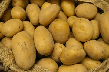 A collection of fresh, golden potatoes is beautifully resting in a rustic burlap sack ready for use