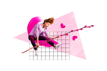 Composite photo collage of redhead guy hold willow branch guitar imitation heart valentine day celebrate isolated on painted background