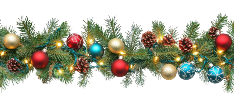 Seamless decorative christmas border with coniferous branches and garlands of christmas lights and ornaments accessories accessory pineapple.