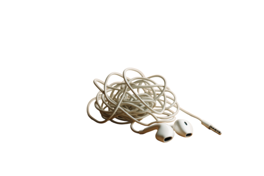 Tightly tangled wired white earphones with audio jack isolated on white background, closeup layout for design element concept. Ai generative