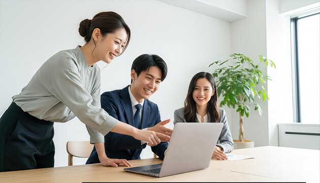 ノートパソコンを囲み笑顔で会議する3人