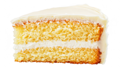A beautifully layered slice of vanilla cake with creamy frosting. its soft texture and inviting layers. perfect for dessert enthusiasts and baking inspiration