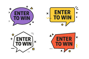 Enter to win vector icon set. Speech bubble banners for promotion. Giveaway contest announcement concept. Trendy geometric shapes for lottery and prize competition graphic design.